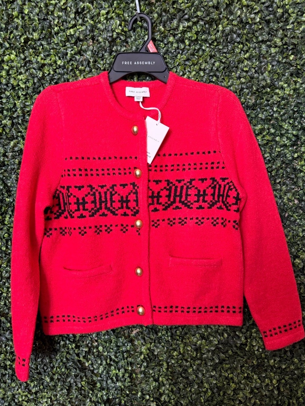 Red Knit Cardigan with Black Fair Isle Pattern